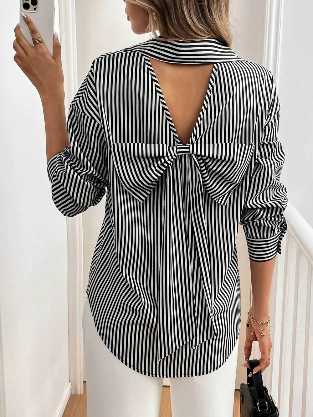 Zara Fall Winter Striped Print Bow Back Button Front Long Sleeve Shirt